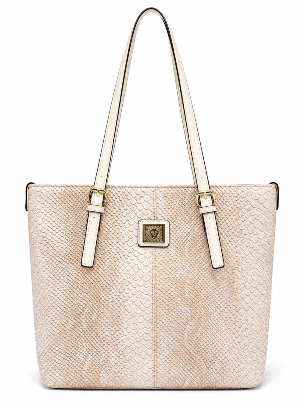 Anne Klein Cream Snake-Embossed Leather Tote with Gold Hardware
